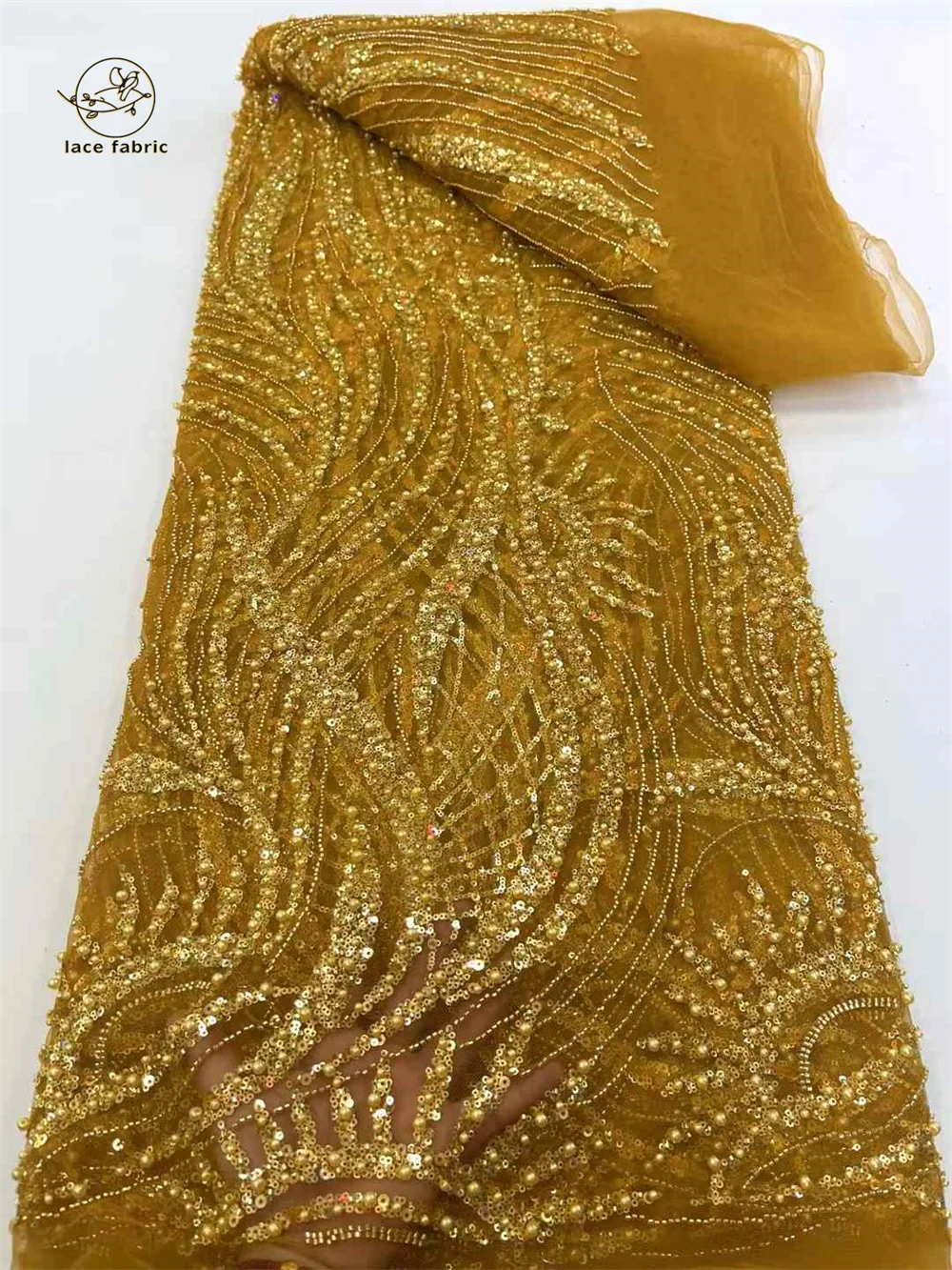 Gold Latest French Tulle Beaded Sequins Lace Fabric 5 Yards 2025 High Quality Nigerian African Lace Fabrics For Wedding Party