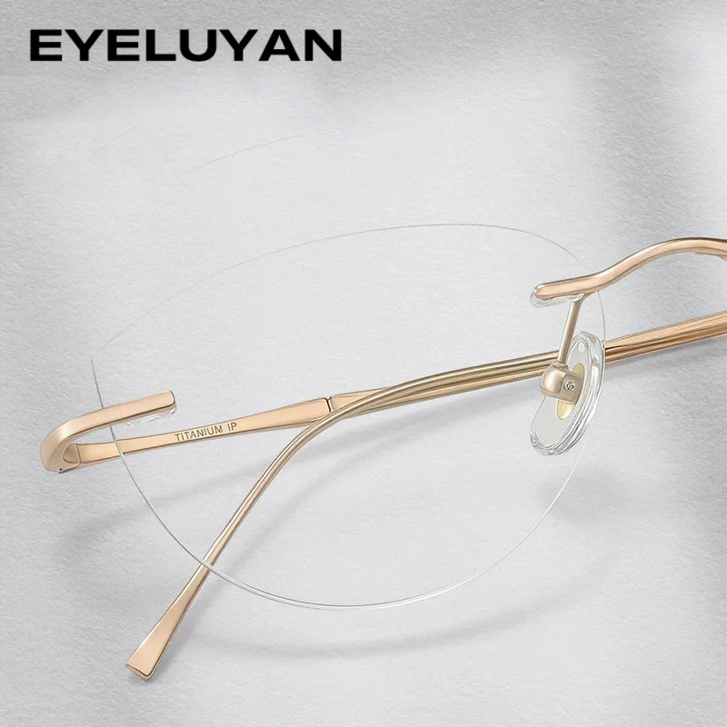 EYELUYAN Rimless Cat Eye Eyeglass Frame, Ultra Light Golden Titanium Optical Glasses Frame for Women, Elegant Rimless Prescripti