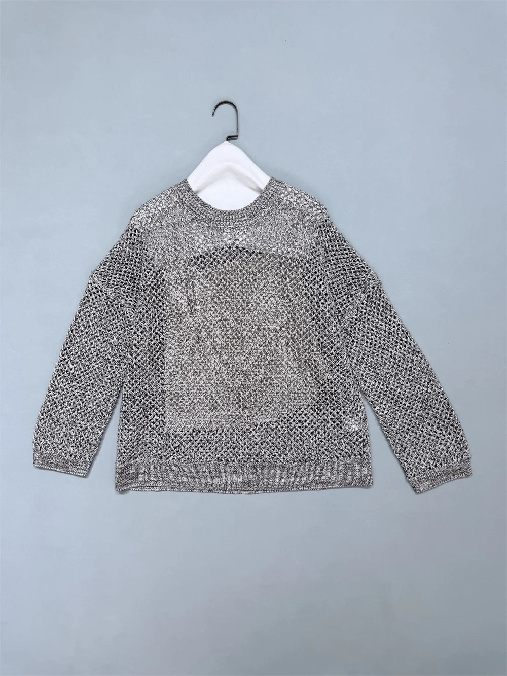 

Hollow-out Sequined Cotton Linen Pullover Loose Long-sleeved Knit Top For Women