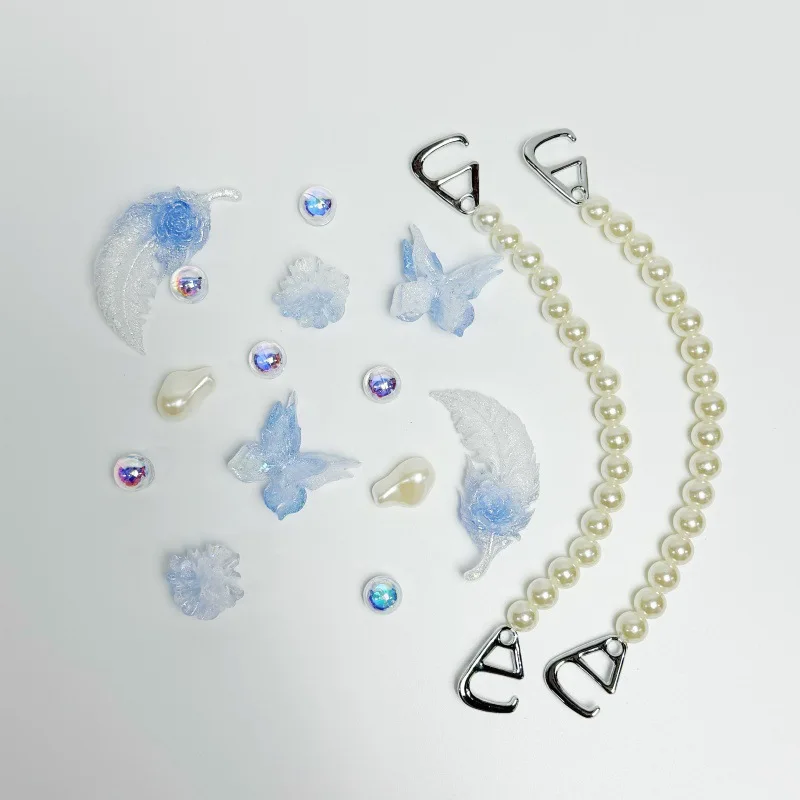 Luminous Feather Butterfly Pearl Chain Shoe Charms For Clogs Hole Bubble Slides Sandals Removable Shoe Decor Accessorie Gifts