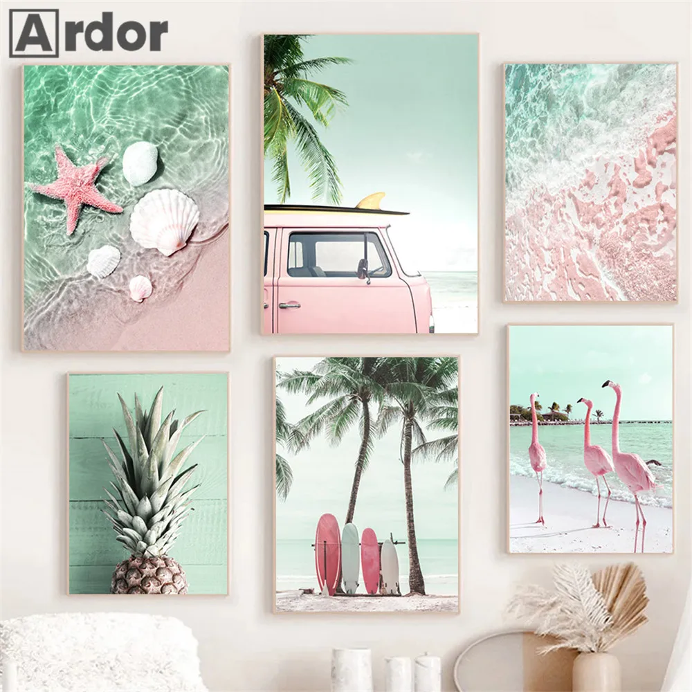 Beach Pink Flamingo Canvas Poster Sea Wave Starfish Shell Wall Print Palm Tree Pineapple Art Painting Nordic Picture Home Decor