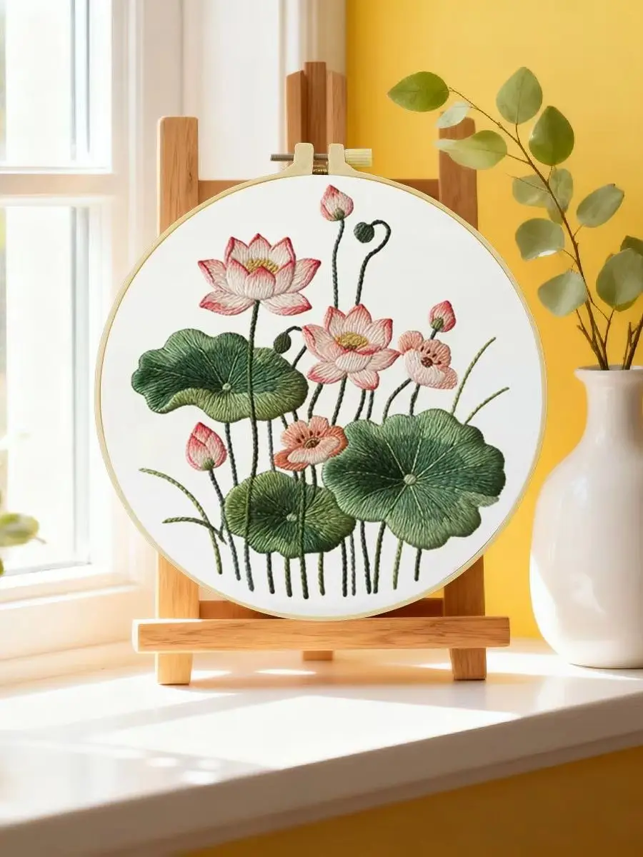 1 Stück 20X20CM/15X15CM 7,87/6,3 Zoll Lotus-Stickerei-Starter-Kit DIY-Kit DIY-Stickerei-Set Handarbeiten Malerei Nähen Kunst – Detail 6