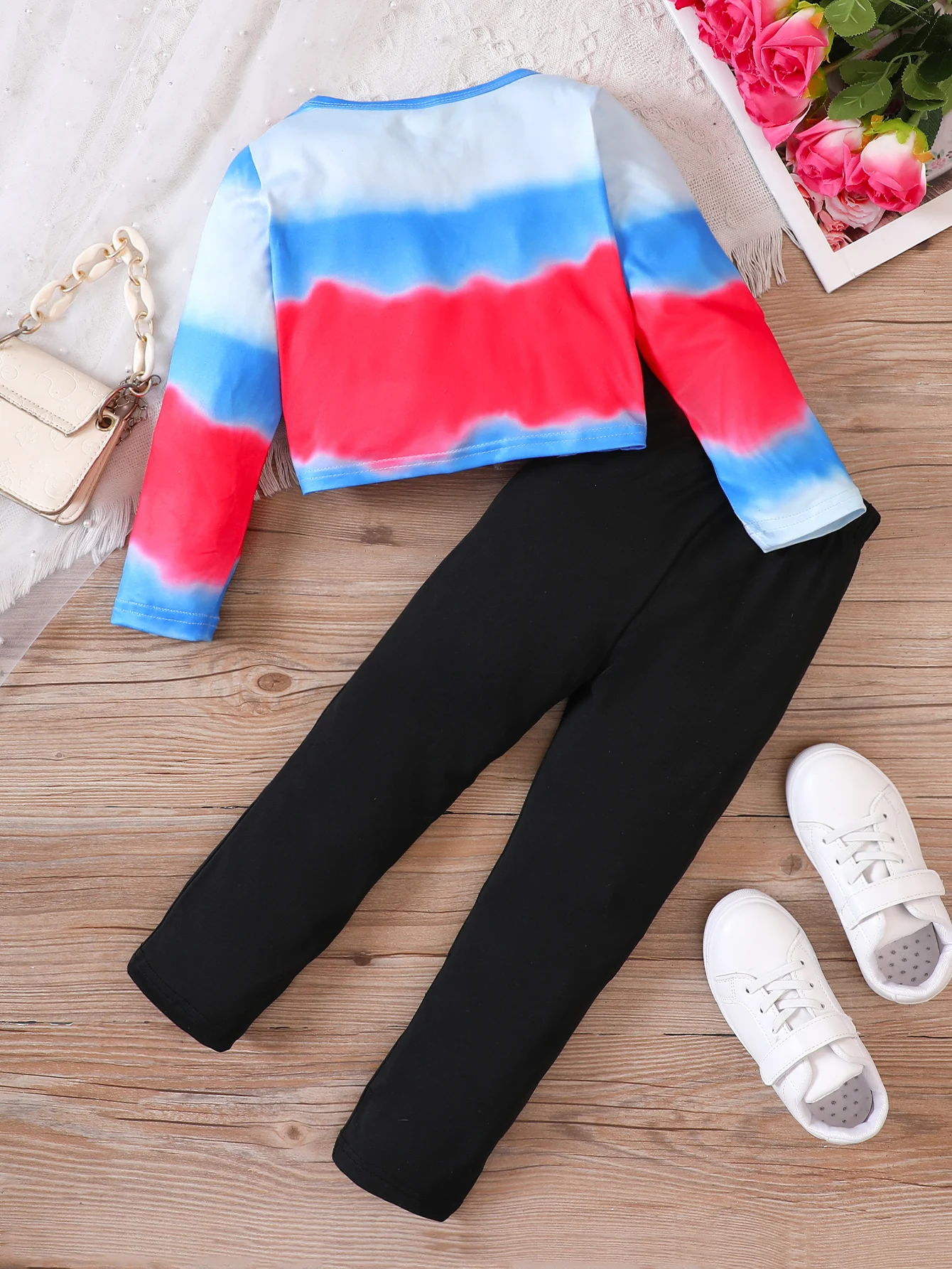 Girls' Clothing Set Round Neck Long Sleeve Cartoon Print Folded Bow Knot Broken Pants Set Girls' Fashion Set