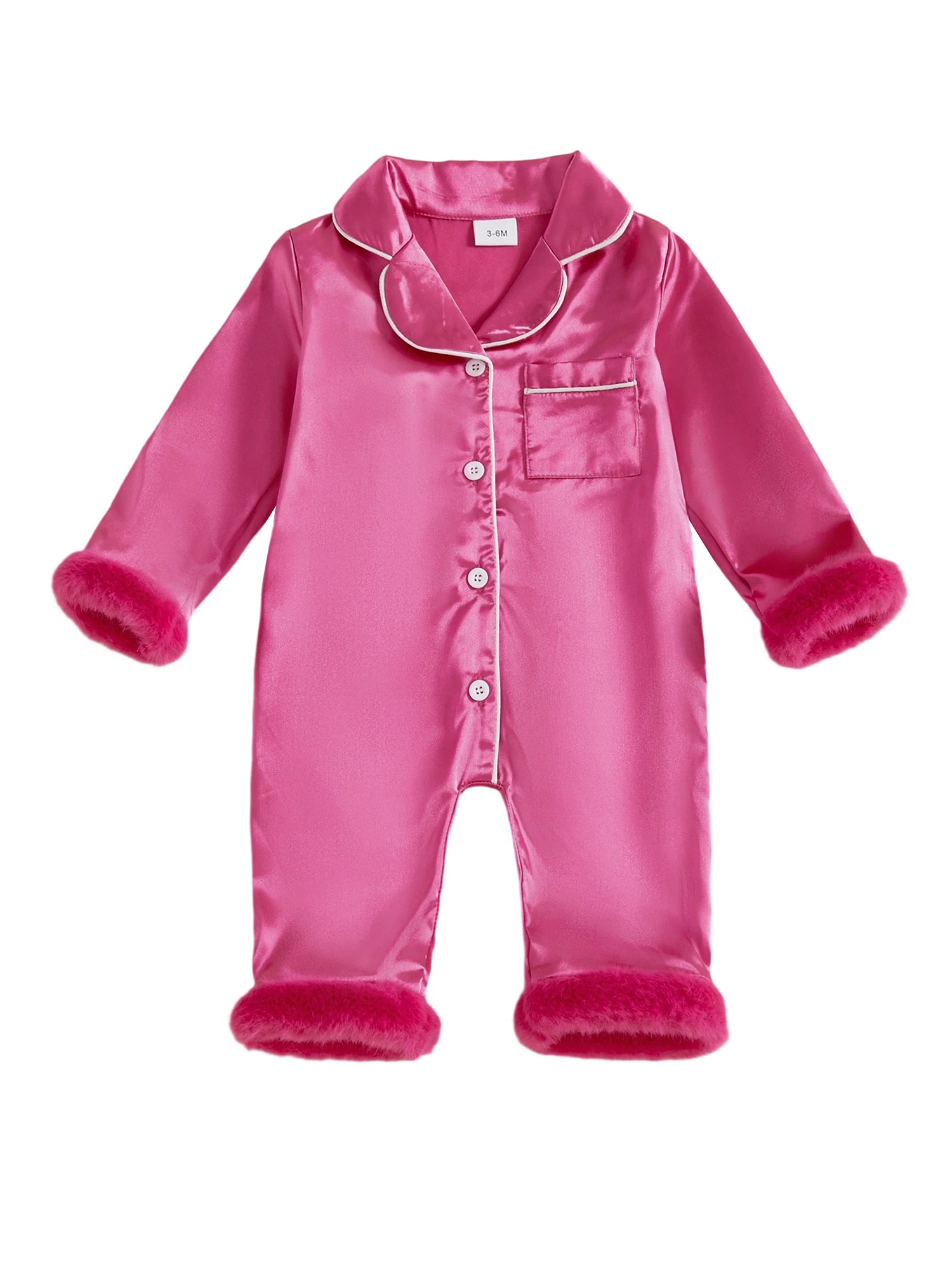 Setelan Pakaian Tidur Bayi Satin dengan Trim Bulu Imitasi, Kerah Kontras V-Neck dan Lengan Panjang - Romper Kancing Depan untuk Bayi Perempuan