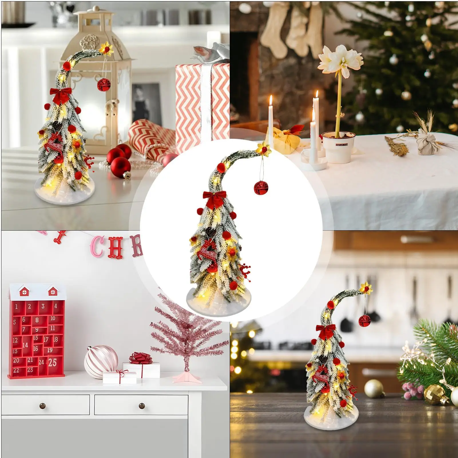 

Поддельная рождественская елка 13,78 дюйма, кривая, реалистичная настольная орнамент, искусственная мини-рождественская елка со светодиодной подсветкой для дома в помещении