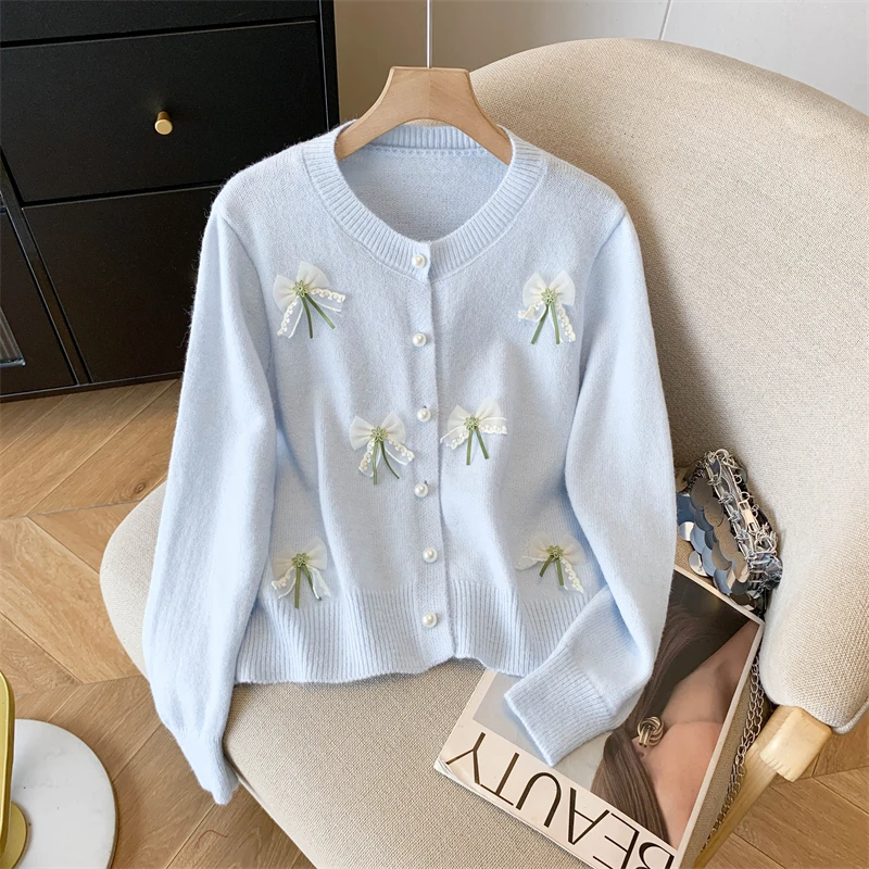 

Three-dimensional Bow Floral Sweater Coat Women Autumn O-Neck Soft Versatile Long-sleeved Single-breasted Knitted Cardigan Tops