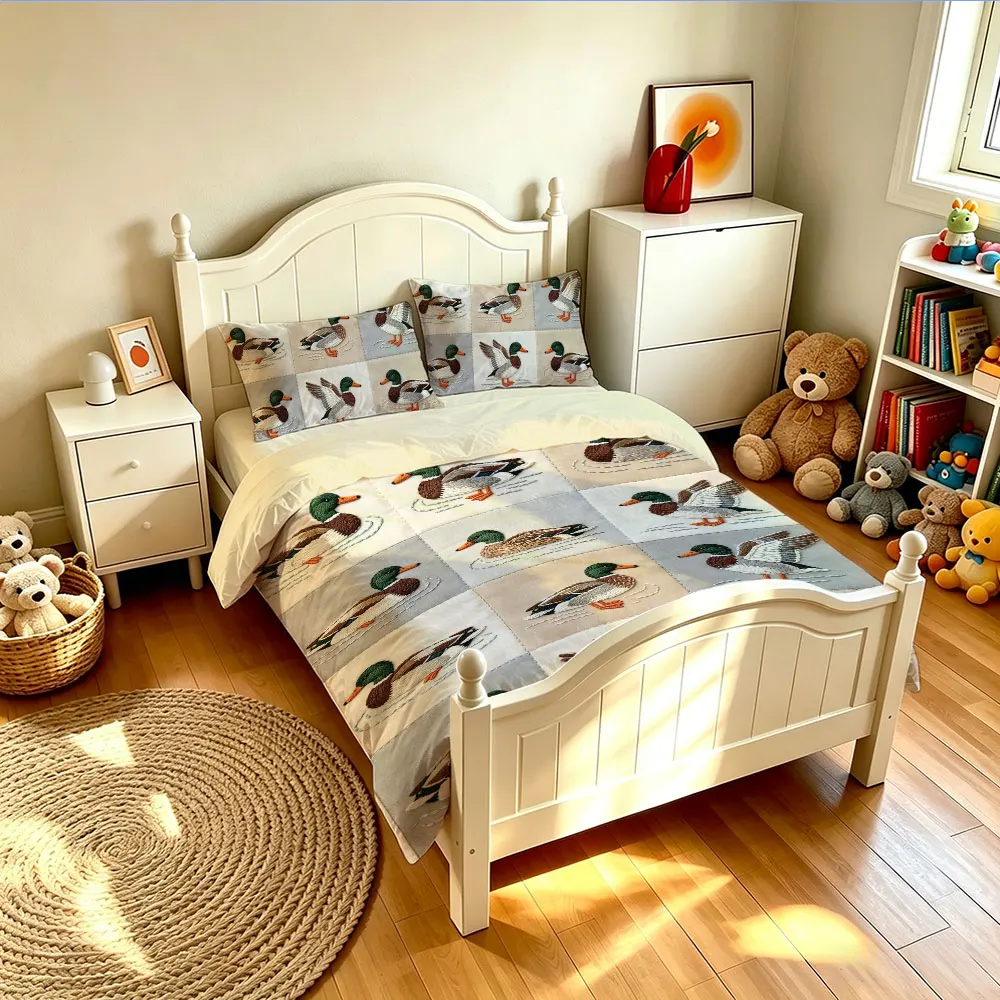 3PCS Duck Patchwork Plaid Pattern Soft Bedding Set Multi size Coverless Duvet Cover Set Decorative Machine Washable