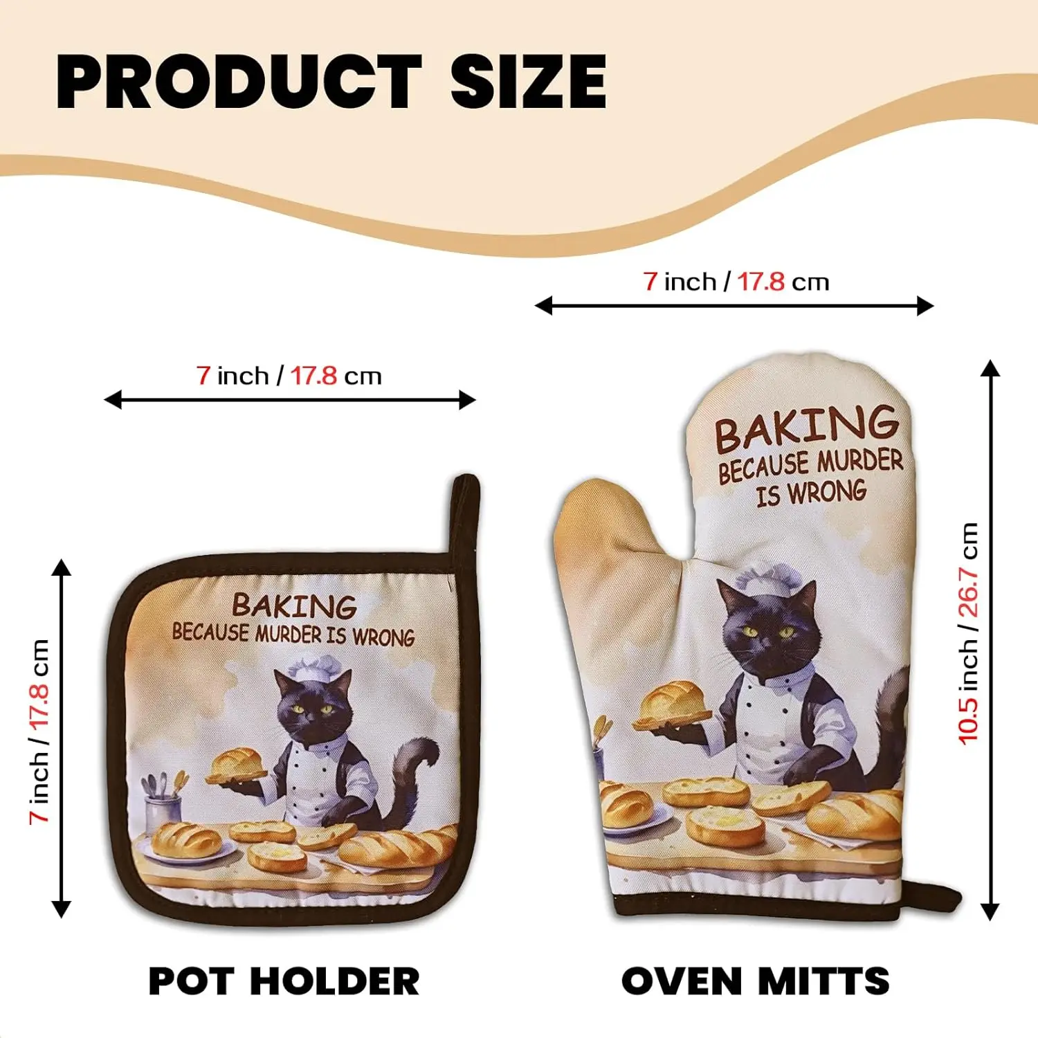 Funny Baking Cat Oven Mitts and Pot Holders（Set of 2）Baking Because Murder is Wrong Baker Mitts for Kitchen Decor