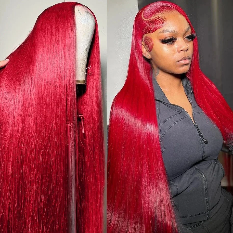 

Bone Straight Hot Red 13x6 HD Lace Front Human Hair Wigs 4x4 13x4 Transparent Lace Frontal Wig For Women 30 40 Inch Red Color