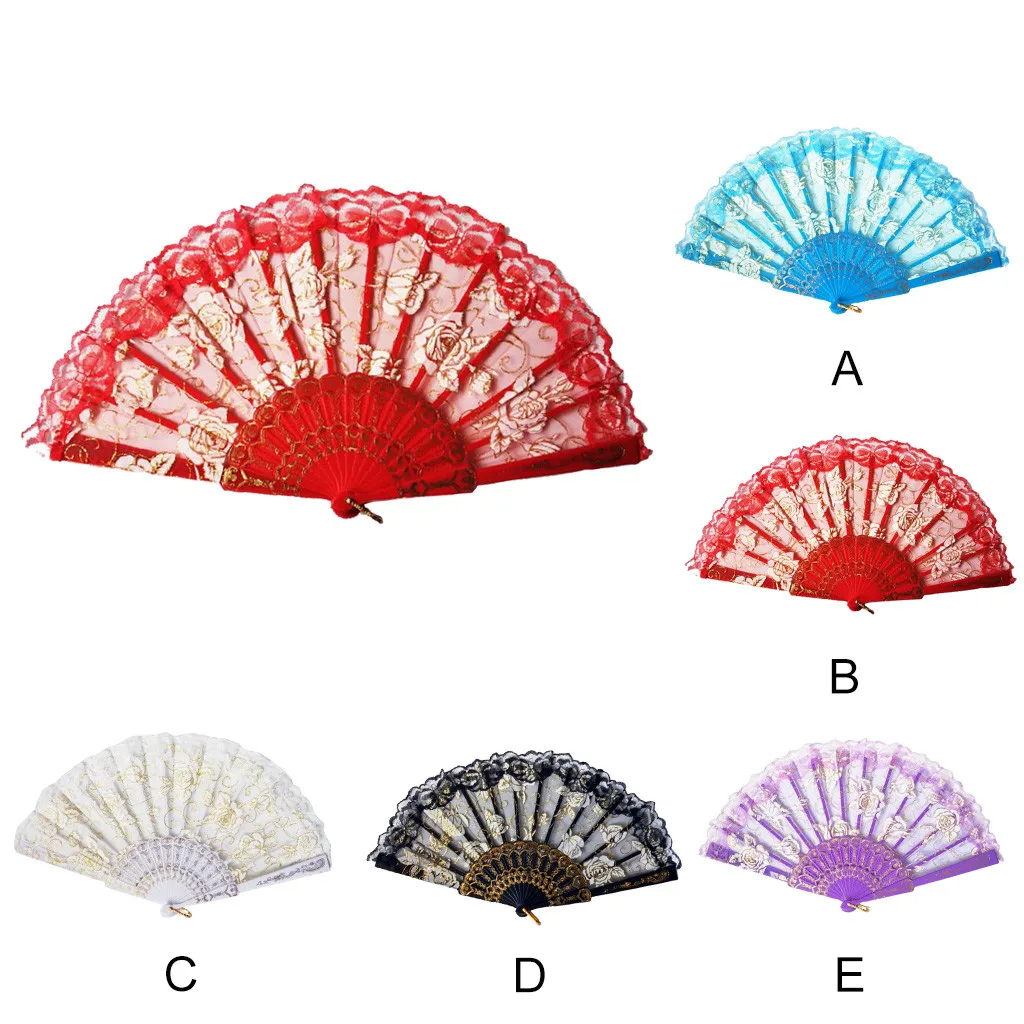 2022 Retro Folding Hand Fan Plastic Gold Flower Craft Fan White Wedding Party Chinese Style Dance Cloth Folding Fan Handheld