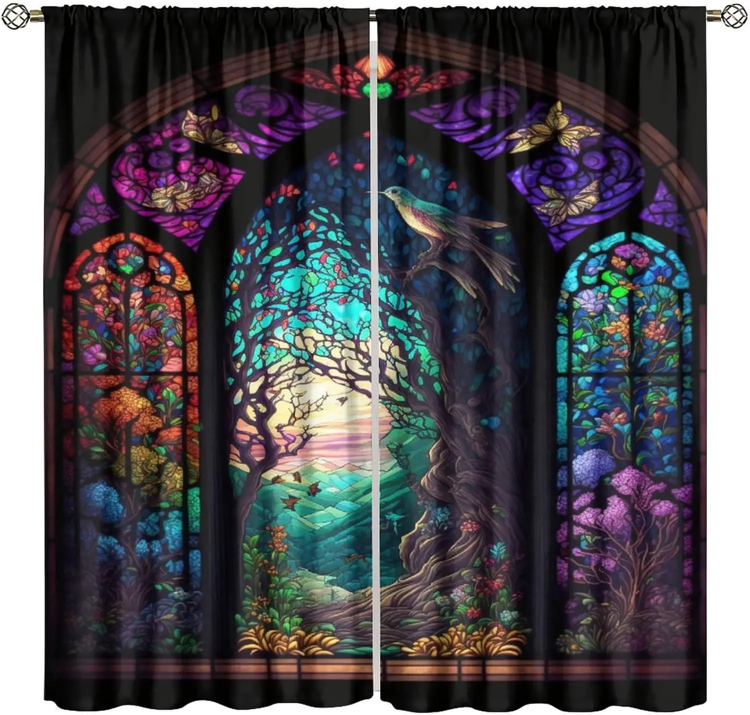 Stained Glass Blackout Window Curtains, Autumn Forest Mosaic Art Beautiful Nature Scenery Stained Glass Home Kitchen Livingroom