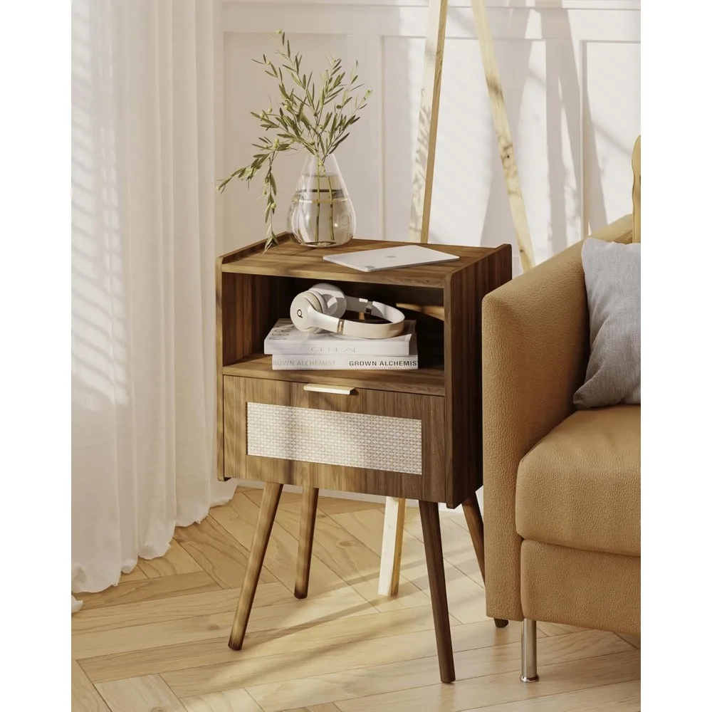 Rattan Nightstand with Solid Wood Legs,Bedside Table with Storage Drawer and Open Wood Shelf, for Living Room, Bedroom