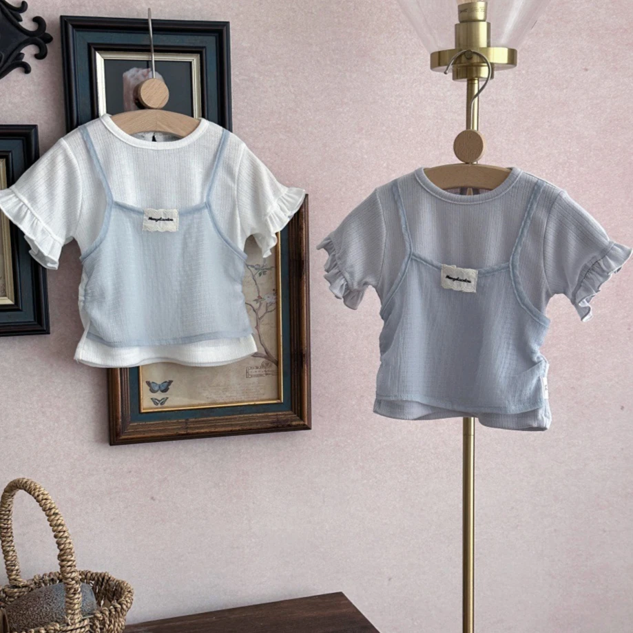 Girls T-shirt 026 Spring Summer New Style Childrens Clothing Korean Girl Baby Foreign Gas False Two Hollow Short-sleeved T-shirt