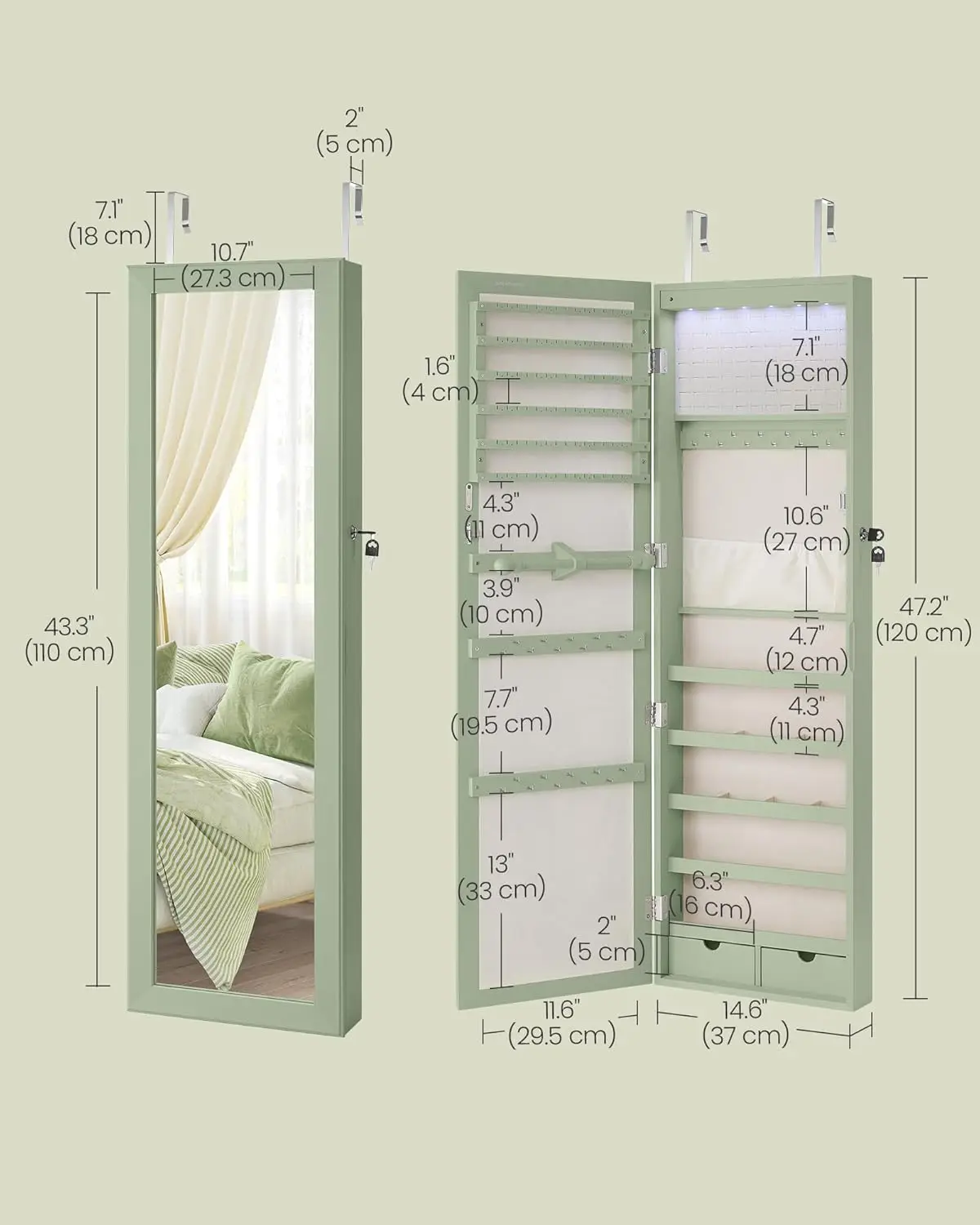 Jewelry Cabinet, 47.2-Inch Tall Lockable Wall or Door Mounted Jewelry Armoire Organizer with Mirror, 2 Drawers, Christmas Gifts,