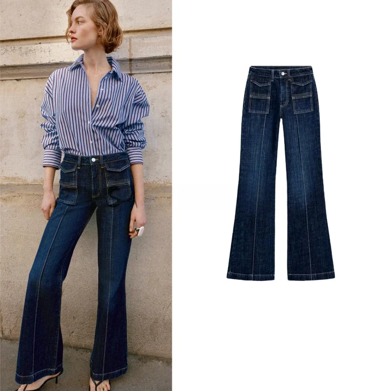 

Spring New Arrival High Waist Bell Bottom Zipper Casual Denim Jeans for Women Commuter Style Pleated Polyester Fiber