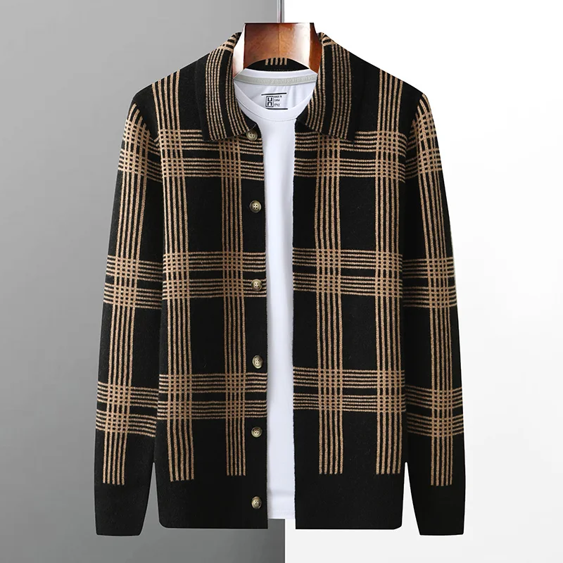 Autumn And Winter 100% Pure Wool Cardigan Men's Lapel Plaid Cardigan Joker Knitted Cashmere Sweater Coat