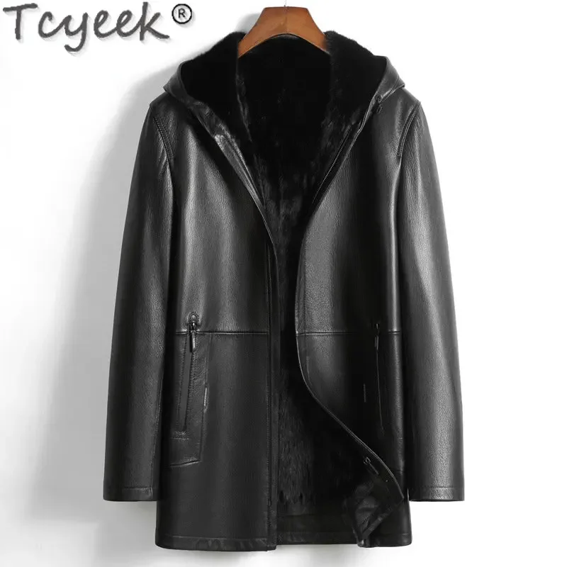 

Tcyeek Deerskin Genuine Leather Jacket Men Winter Warm Natural Mink Fur Liner Mid-length Hooded Real Fur Coat Male Clothes Chic