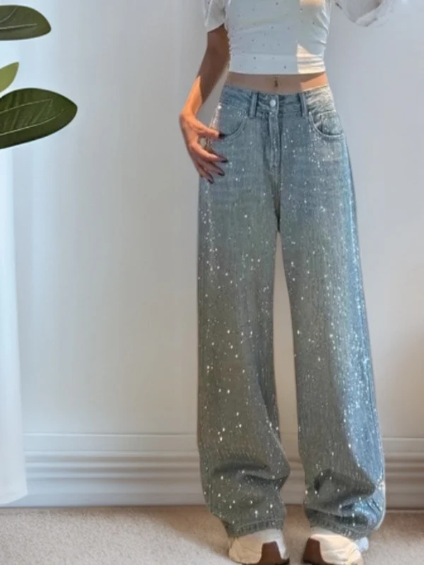 

Spring High Waist Glowing Slim Heavy Du Rhinestone Denim Pants Wide Leg Casual Sle Multi ket Water Waed Adult Jeans