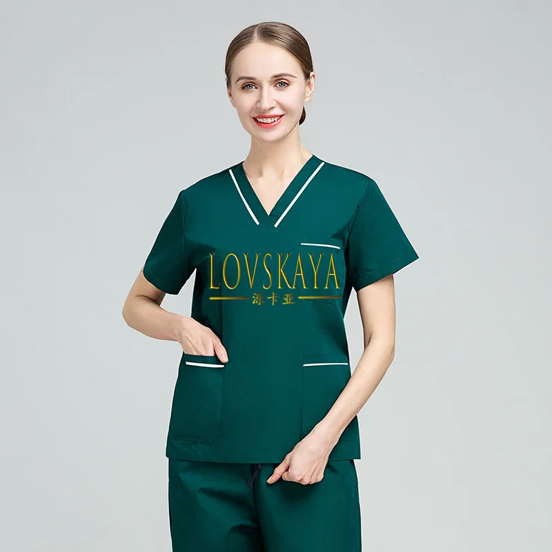 Summer thin short sleeved polyester cotton nurse uniform women's hand washing clothes operating room dentist work suit set