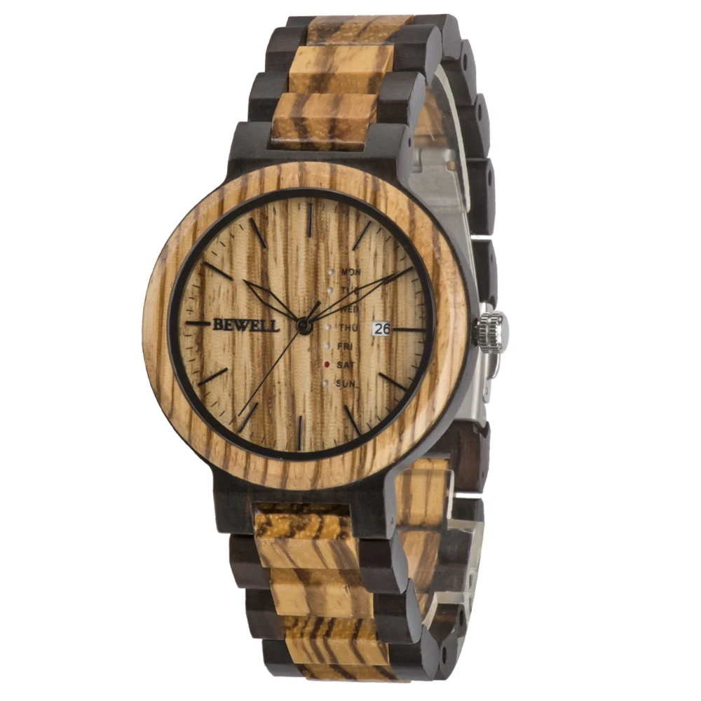 Men Zebra Wood Wristwatch Multi-Func Week Date Display Luxury Foldable Buckle Light Handcrafted Wood Watch