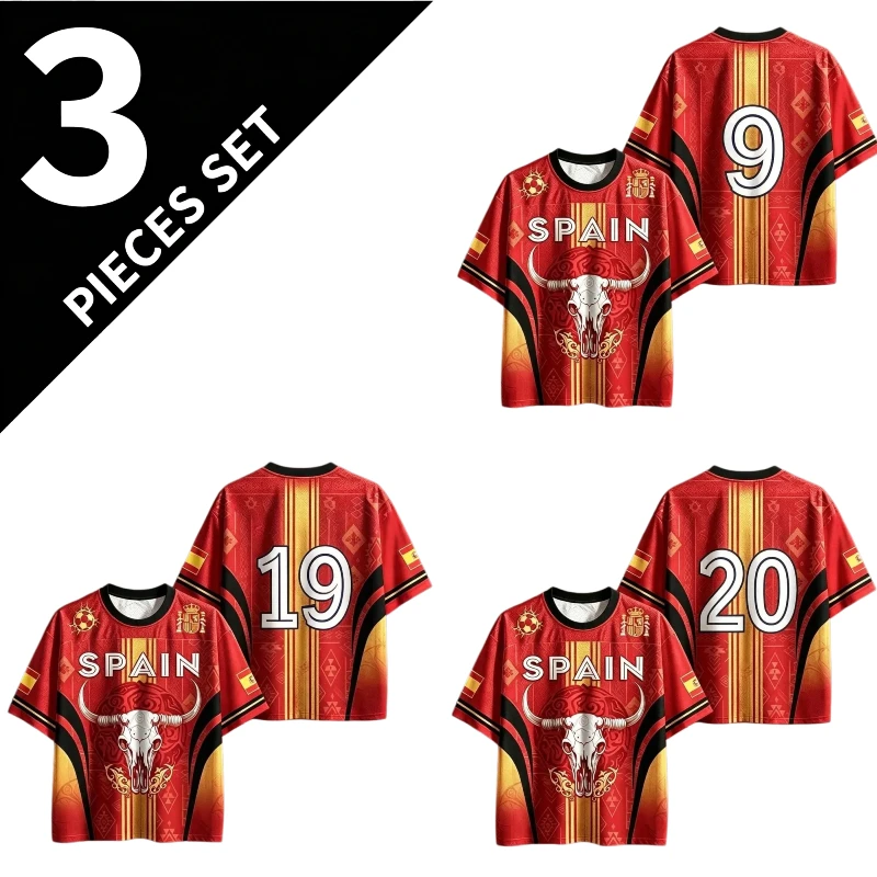 Short Sleeve Spain Soccer Jersey Bull Skull Football T-shirt Breathable Quick Dry Sports Tee Unisex Fan Training