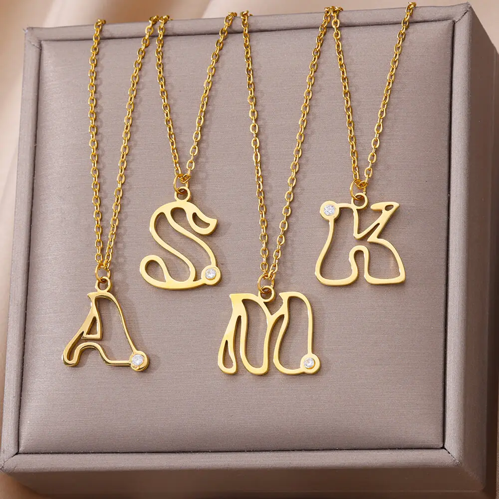 

Hollow Initial Letter Necklaces for Women Gold Color Stainless Steel Necklace 2024 Trend Alphabet Jewelry Christmas Gift collar