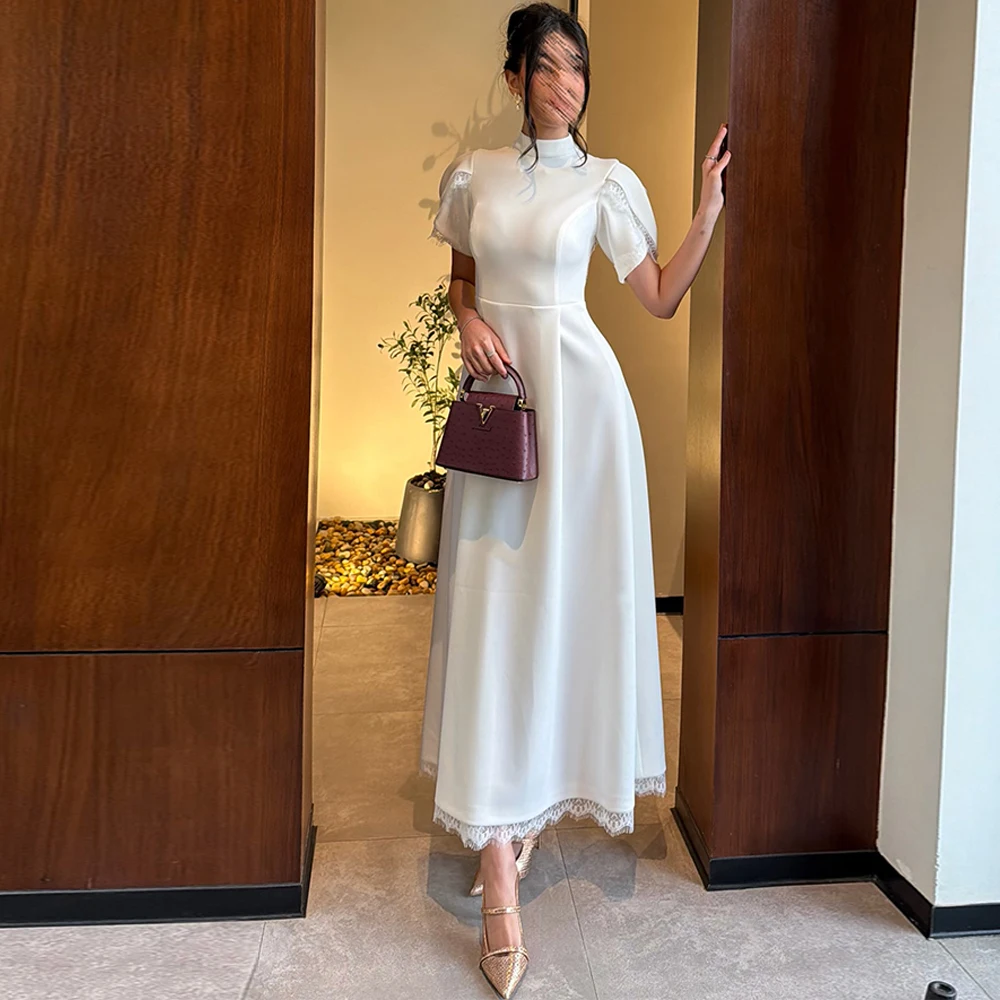 

Classic White Jersey Evening Dress Elegant High Collar Customized Celebrity Gowns Temperament Lace Backless Party Dresses