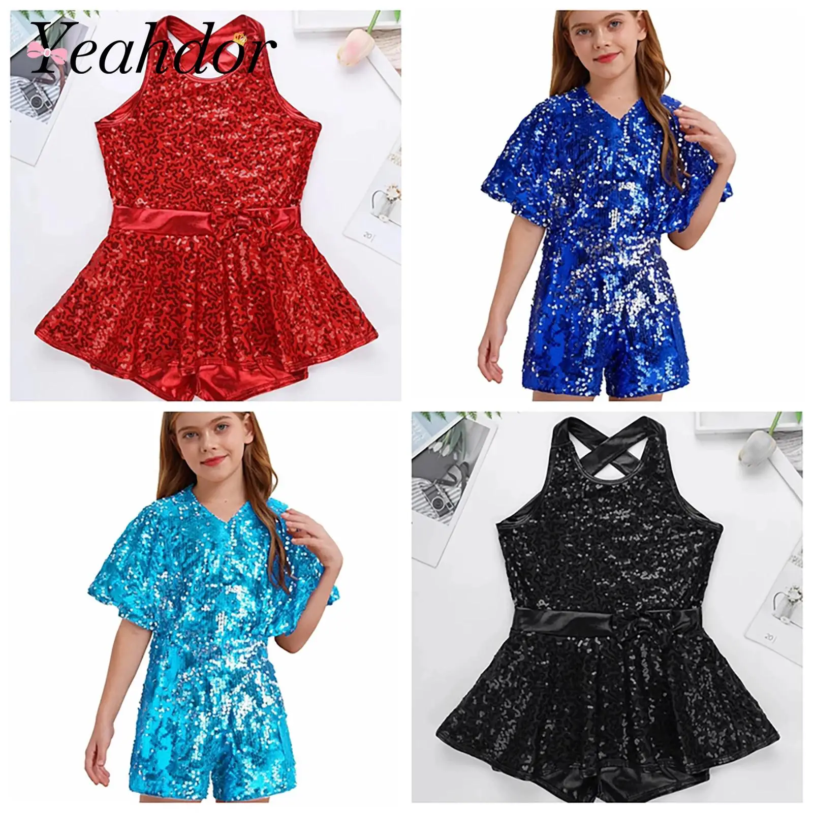 Kids Girls Shorty Unitard Sleeveless Sequin Rompers Leotard Bodysuit Performance Children Jazz Modern Dance Party Tap Costumes