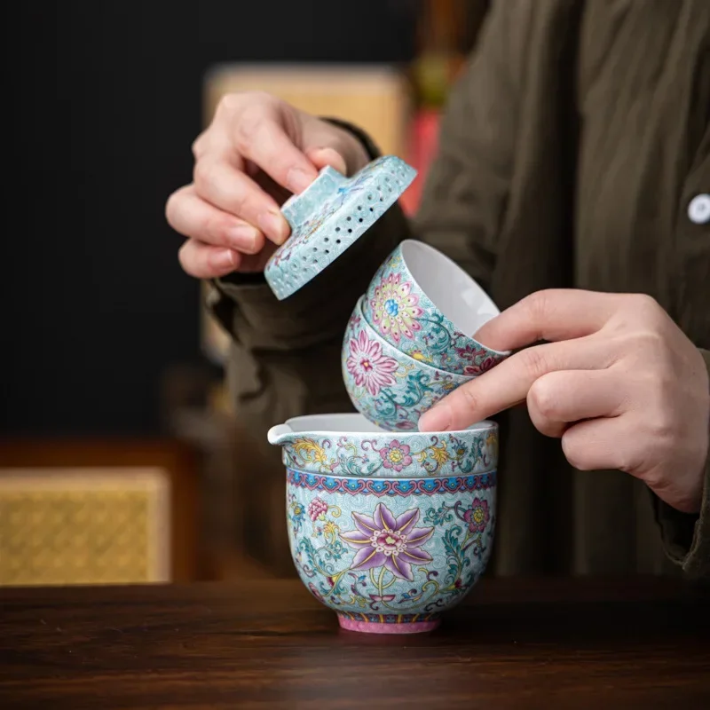 Colorful Camping Gift Enamel Travel Tea Set with Flowers High-end and Light Luxury One Pot and Two Cups Portable Outdoor Tea Set