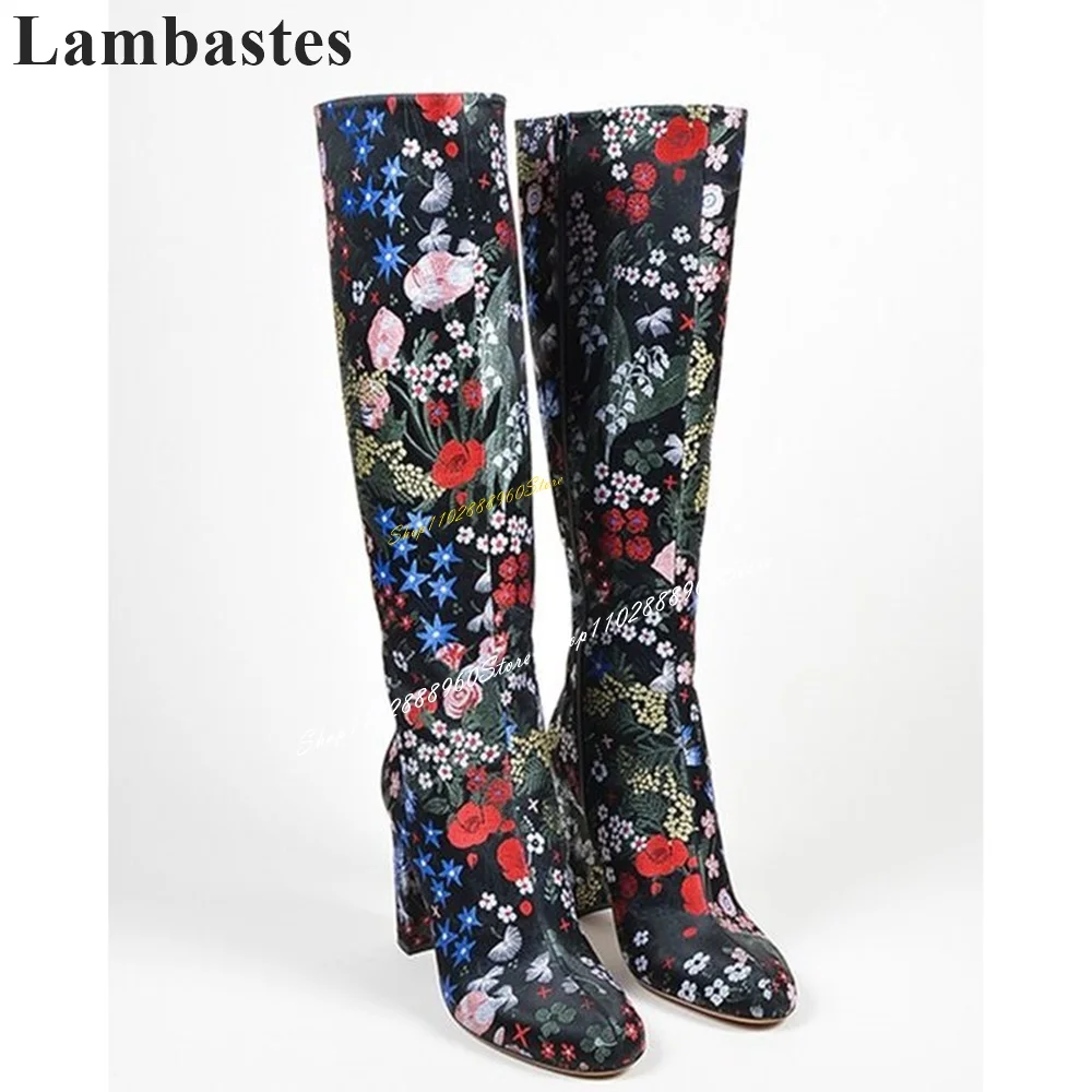 Knee High Mixed Color Flower Print Boots Chunky High Heel Shoes For Women Side Zipper Round Toe 2024 Fashion Zapatillas Mujer