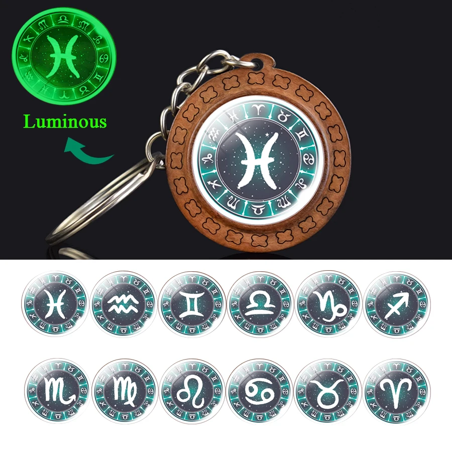 12 takımyıldızı ahşap aydınlık anahtarlık cam küre kolye zodyak anahtarlık kızdırma erkekler için karanlık anahtarlık, kadın hediye