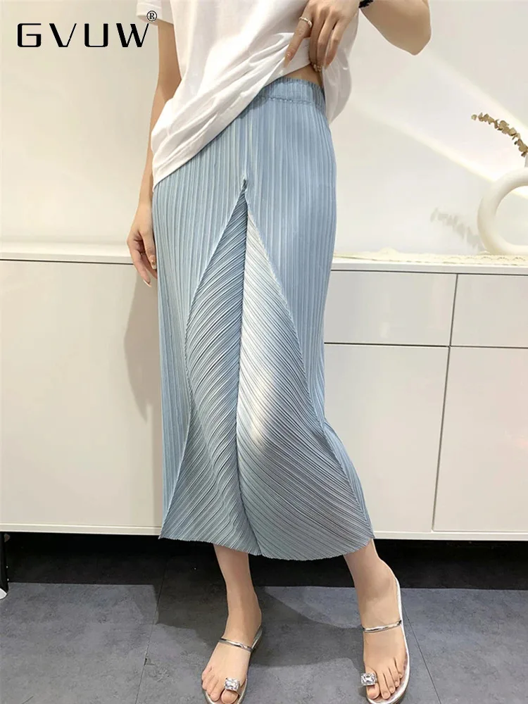 GVUW Fashion Pleated Elastic Waist Skirt Women Elastic Waist Loose New 2024 Solid Color Summer Medium Long Female Skirts 17G6871