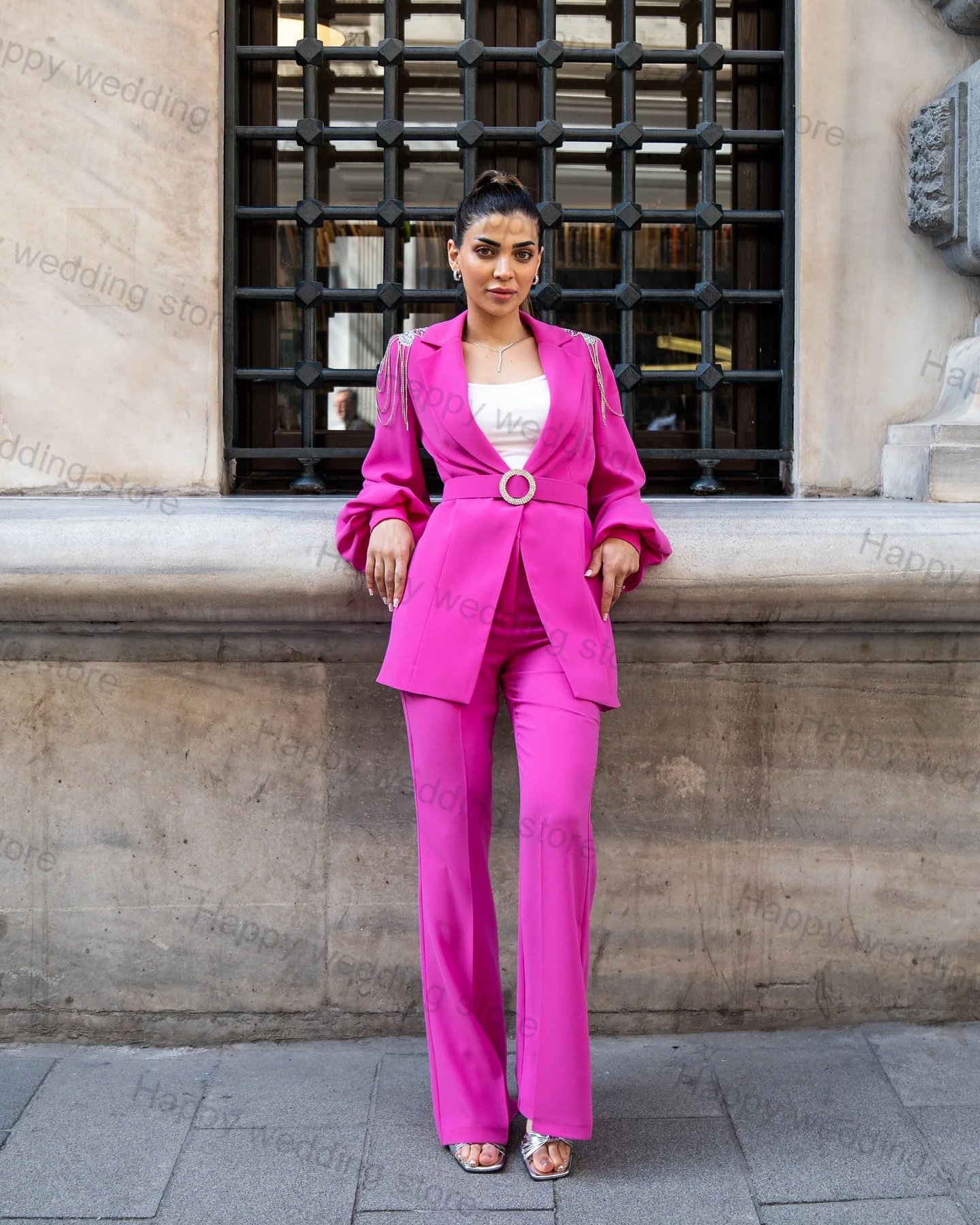 

Hot Pink Formal Women Suit Pants Set 2 Piece Crystals Blazer+Trousers Belt Business Wedding Tuxedos Office Coat Jacket Customize