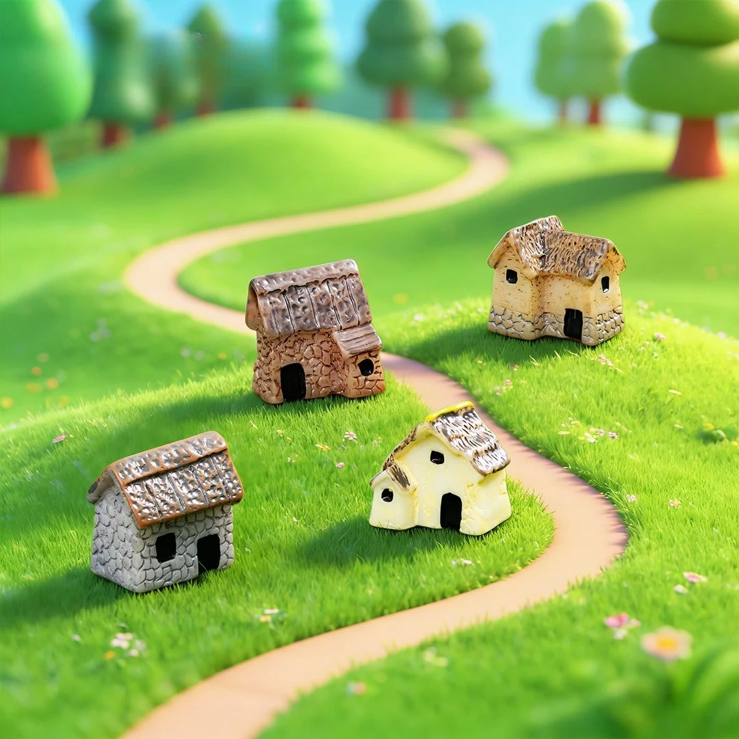 4pcs Mini Resin Thatched Cottage Figurines, Rustic Tiny Stone Hut Ornaments,Vintage Miniature Village Building Decor
