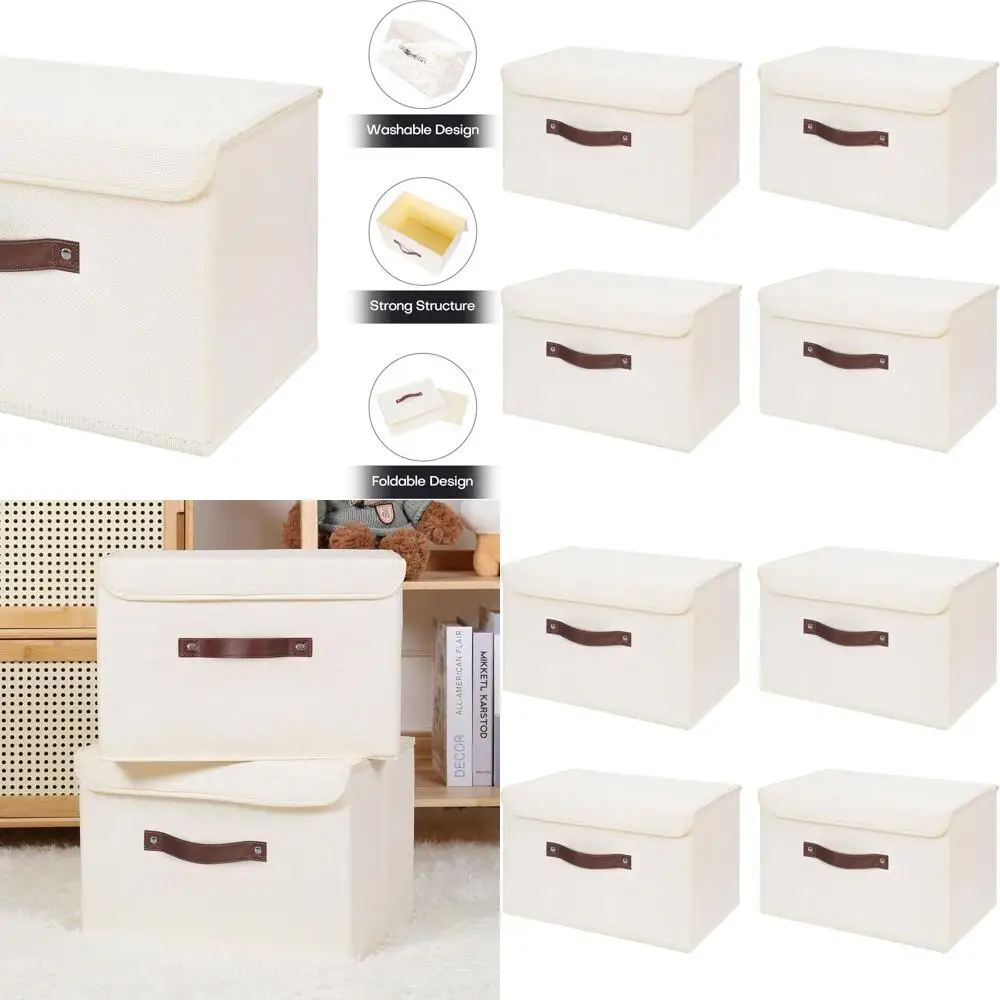 

Large Beige Foldable Storage Boxes with PU Leather Handles, Decorative Lidded Cotton Linen Fabric Cubes for Home Closet Organiza