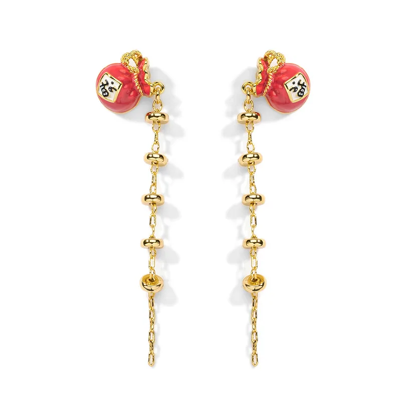 

National Trend 'fu Bag' Earring New Arrival Enamel Hand-painted Creative Red Envelope Earring Decoration Jewelry for Women