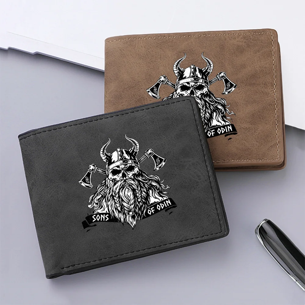 Men's Short Double-Fold Wallet Warrior Skull Axe Pattern Card Holder Fashionable Gift