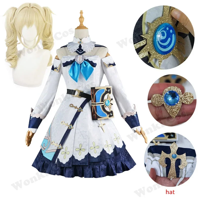 

Barbara cosplay costume blonde wig full set game impact Barbara dress with props book for girl idol party costumes