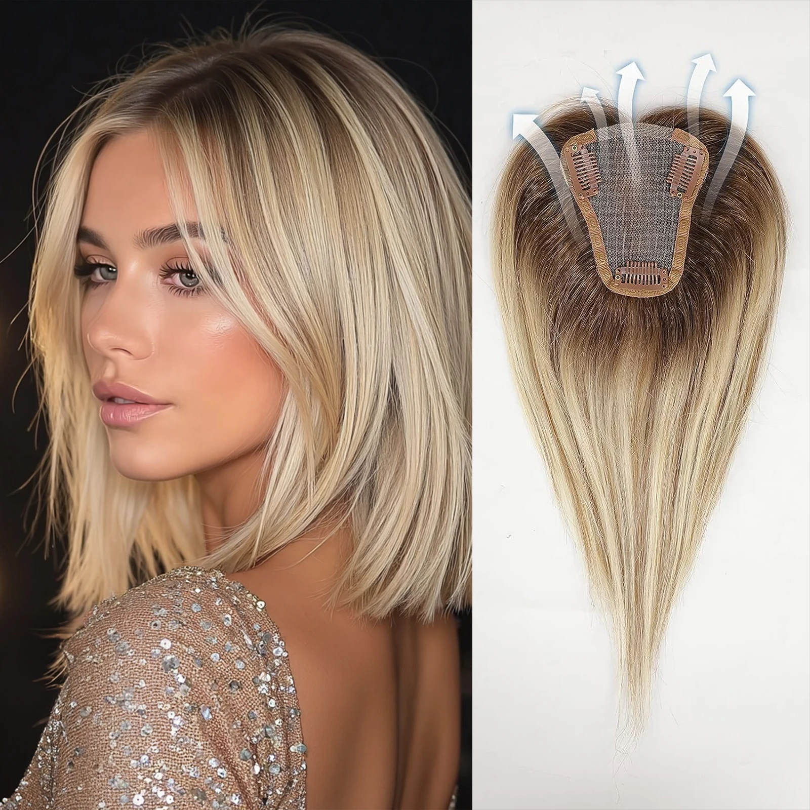 

Light Brown Blonde Ombre 12 Inch Human Hair Toppers Lace Base Clip In Hairpiece for Women 100% Remy Human Hair Extensions