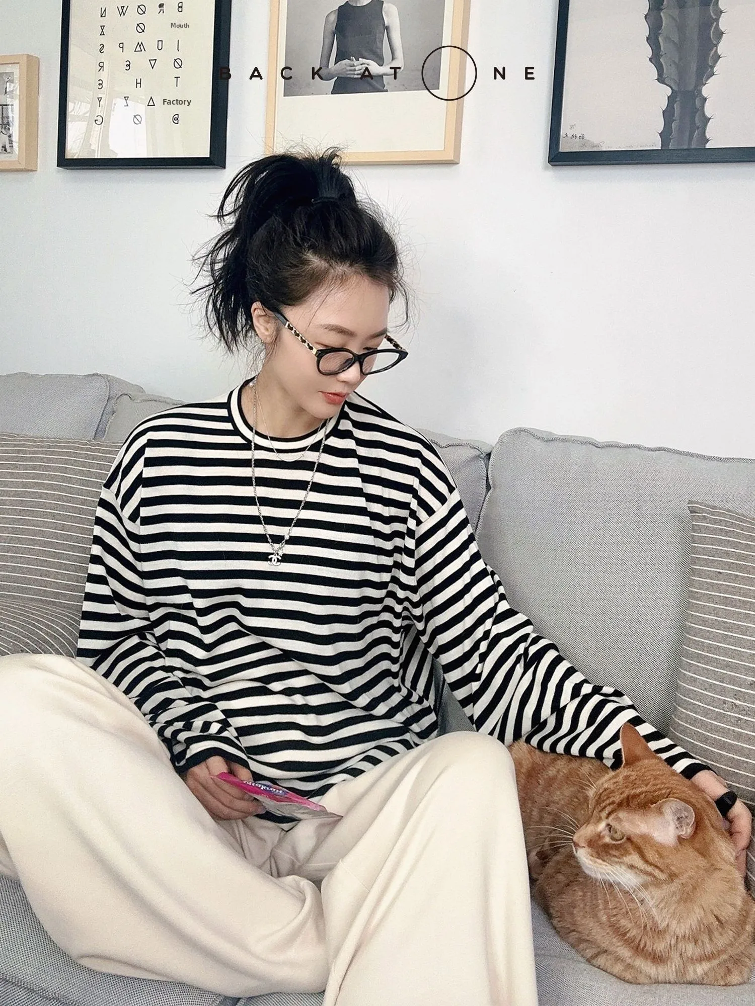 

Классический полосатый вязаный свитер из пряжи Yangzhou Precision Spun, с длинными рукавами, стандартного кроя, для повседневной носки, женский