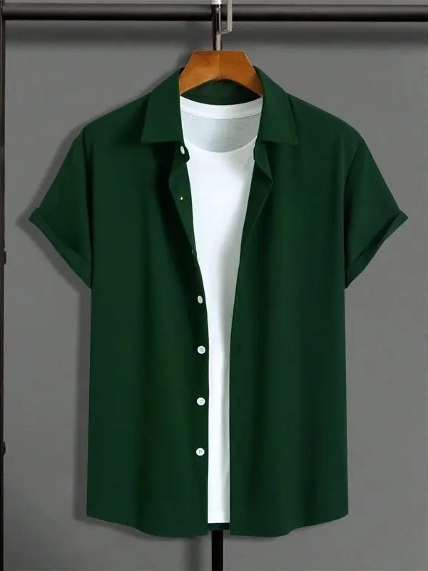

New Slim Fit Short Sleeve Shirt Men's Summer Thin Section Trend PU Leather Mid-aged And Elderly All-season Cleanfit Neck