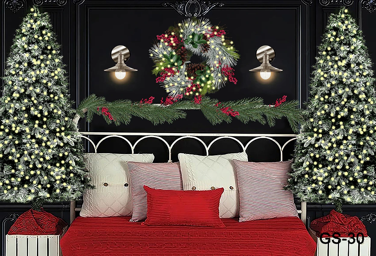 Christmas HeadBoard Photography Backdrop Baby Portrait Photographic Wreath Bed Wooden Wall Decor Family Kids Photo Studio