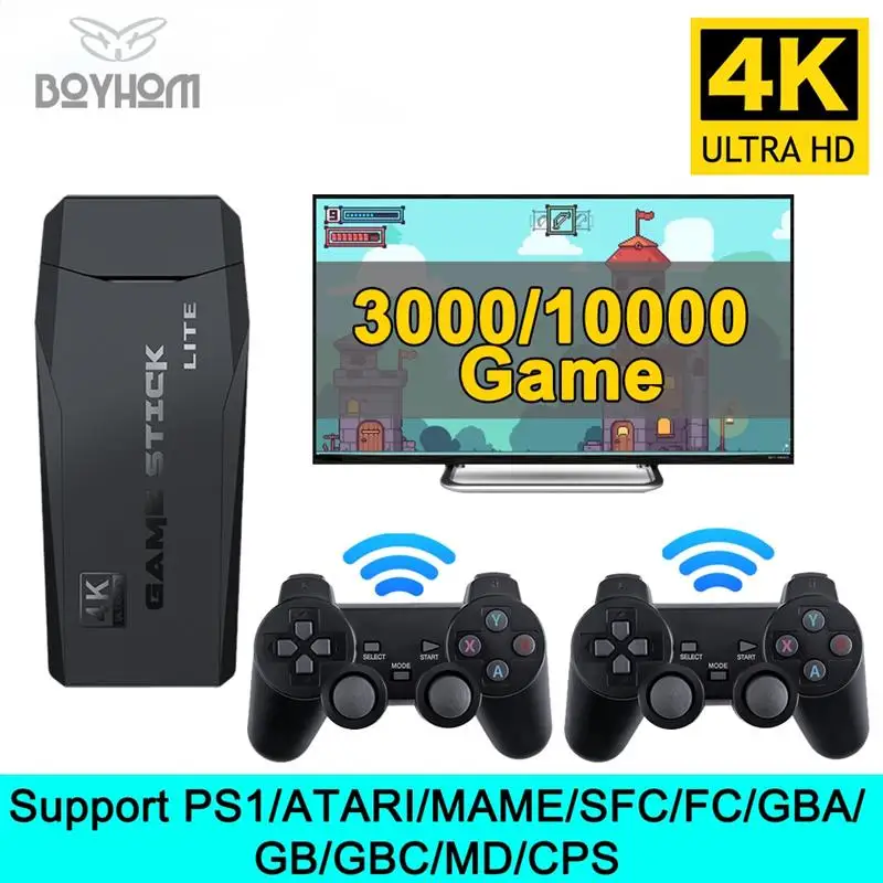 New Wireless Video Game Console 4K HD Display on TV Projector Monitor Classic Retro 64GB 10000 Game 2 Controller Y3 Game Stick