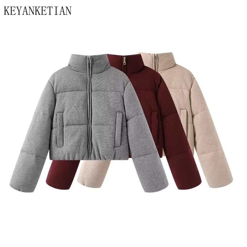 

KEYANKETIAN Winter New Women's Stand up Collar Zipper Side Pocket Warm Knitted Cotton Jacket Breadms for Women coat