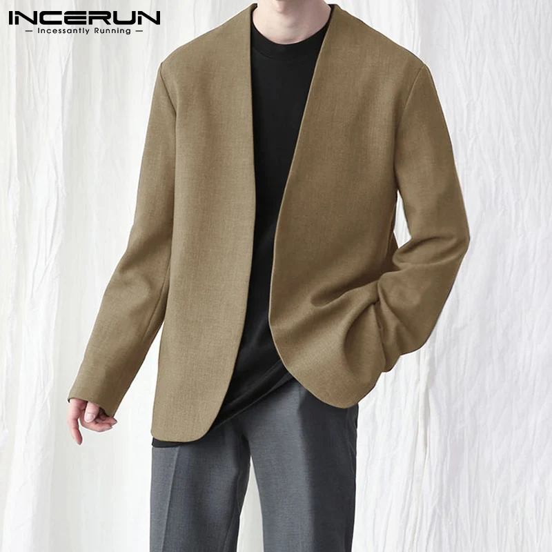 INCERUN 2024 Men Shirt Solid Color V Neck Open Stitch Long Sleeve Casual Men Clothing Streetwear Fashion Leisure Outerwear S-5XL