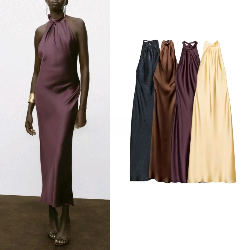 Vestido midi sexy de cetim de seda sem costas, decote suspenso, estilo casual, vestido f de fibra de poliéster sem mangas