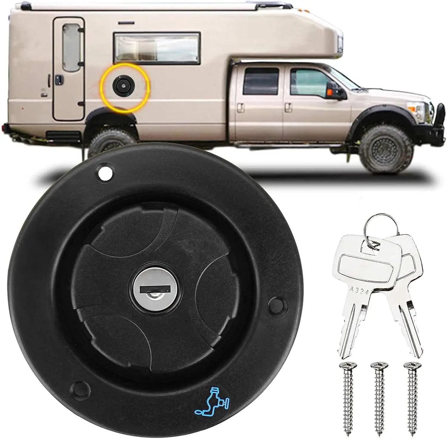 1PC For Fiamma Fresh Water Inlet Housing & Locking Cap With 2keys Durable For RV Caravan Motorhome Accessories