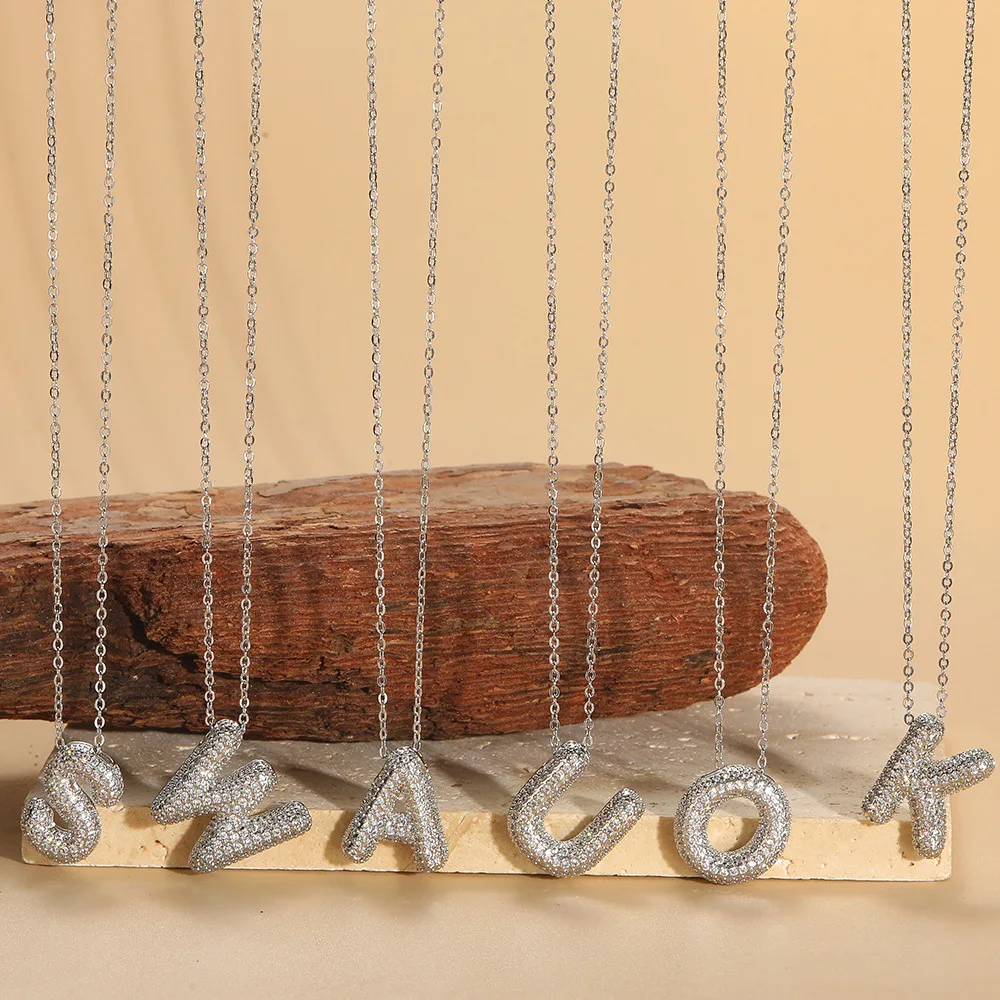 A-Z English Initial Letter Necklace Bubble Letter Cubic Zircon Paved Necklace for Women view 2