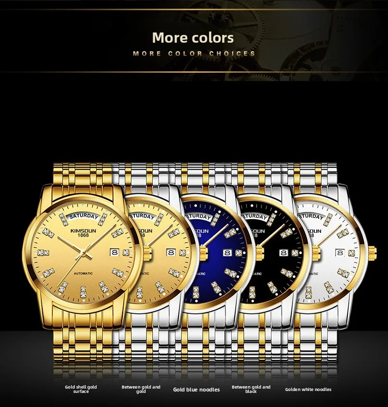 Stainless Steel New Business Gold Diamond Luminous Waterproof Tourbillon Self-Wind Automatic Watch for Men