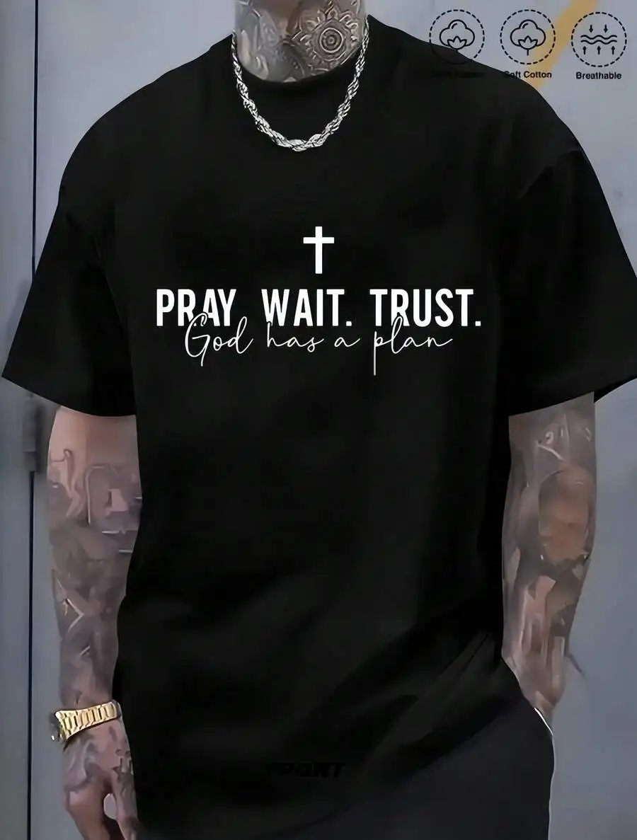 1pc Man's Cross Faith Quote Print Black TShirt Crew Neck Casual Cotton Tee Medium Stretch Knit Fabric Regular Fit For Boys Man Perfect For //